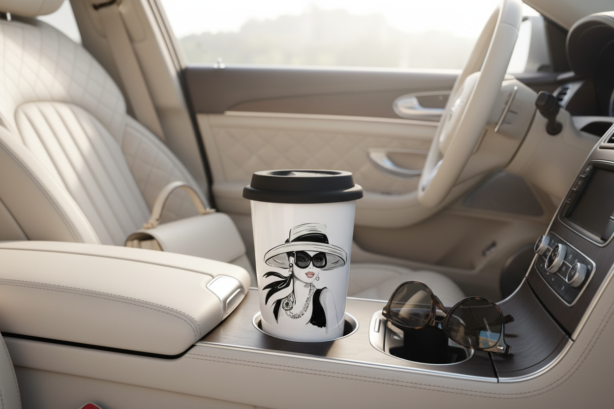 Audrey travel mug in luxury car