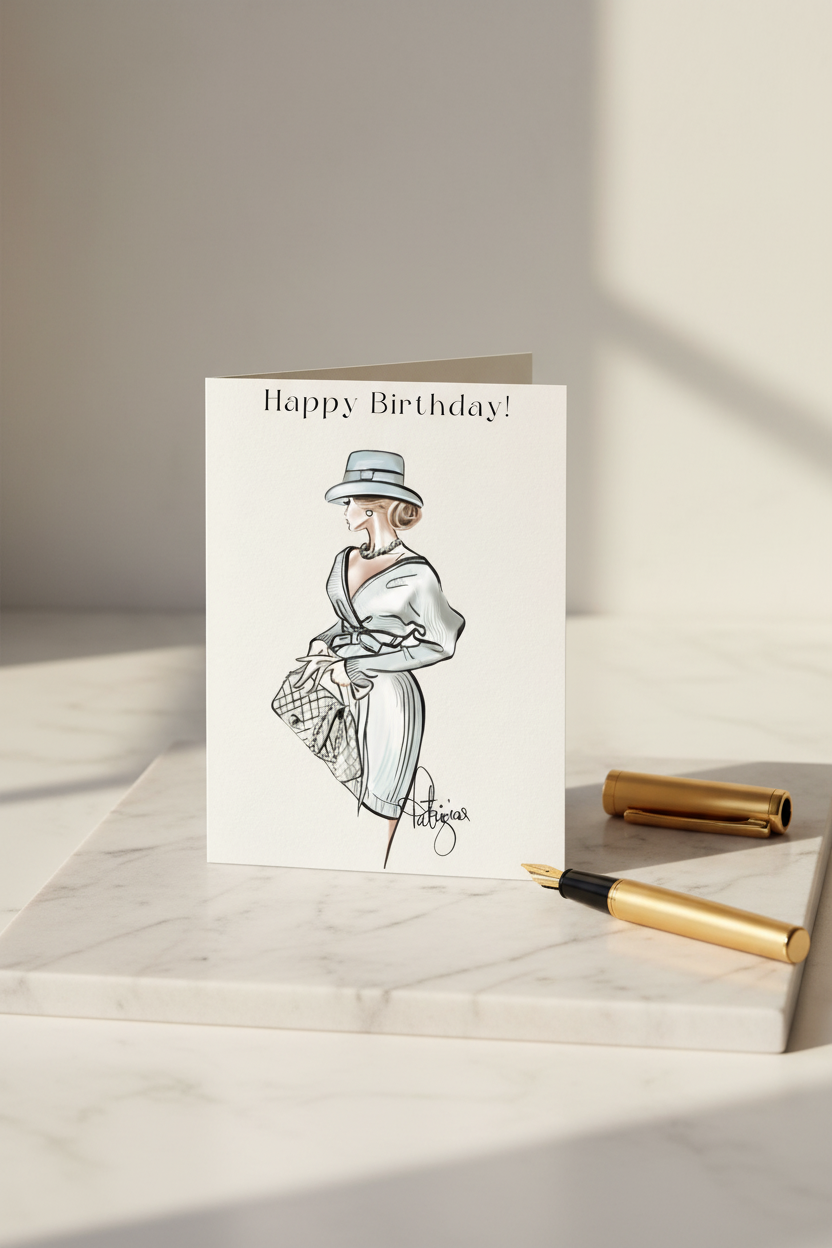 Happy Birthday Blue Fedora Card - Marble Desk Mock-up