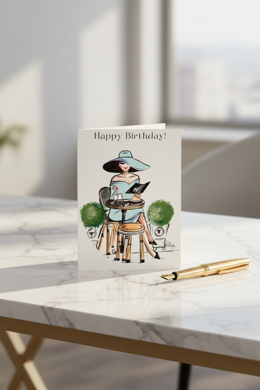 Happy Birthday Blue Hat Café Card - Marble Desk Mock-up