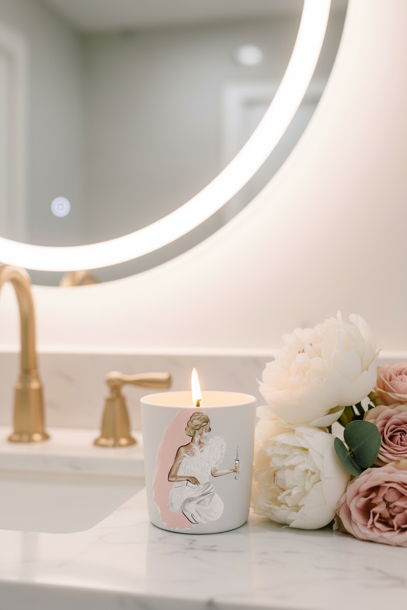 Lit Candle Luxury Mirror Vanity with Flowers