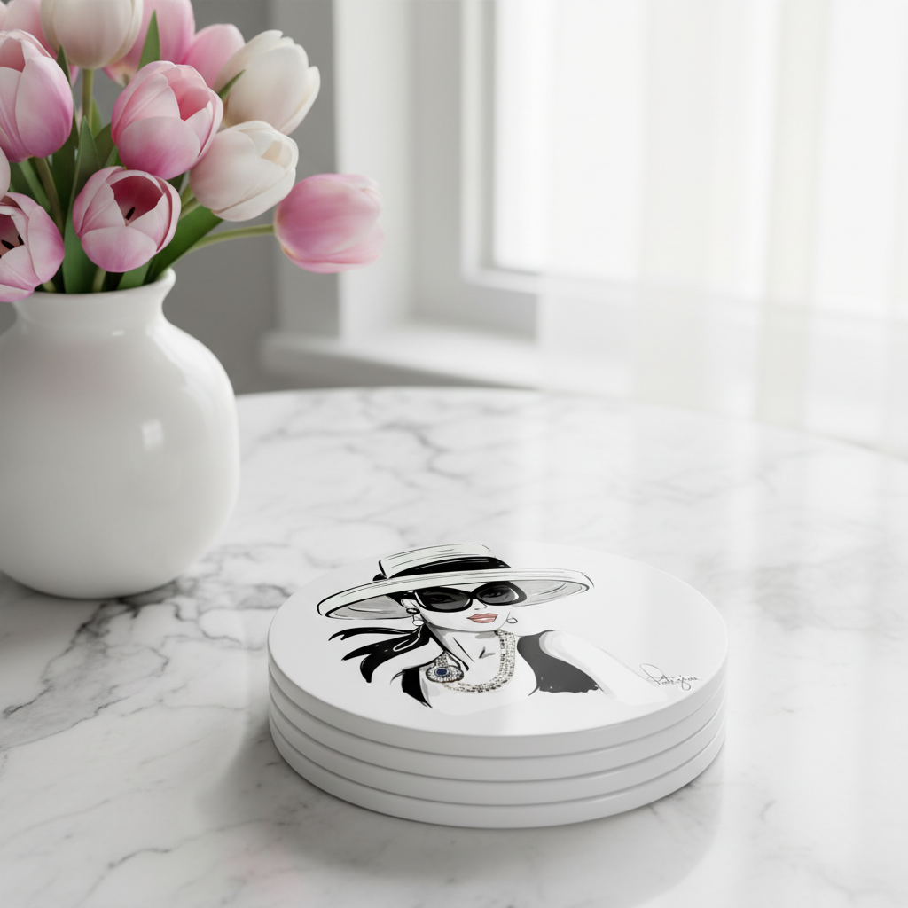 Audrey Hepburn Style Coasters Stacked Mockup