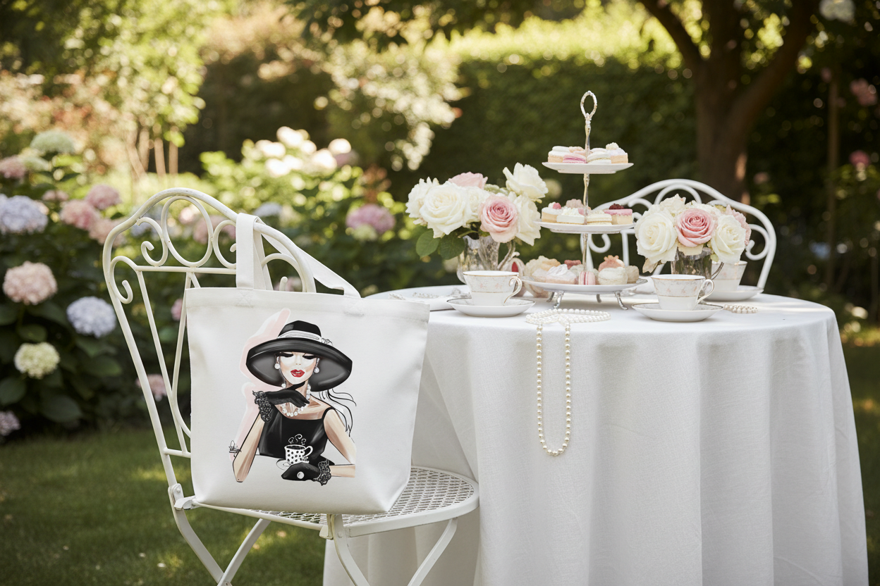 Audrey-inspired Tote - garden party lifestyle shot