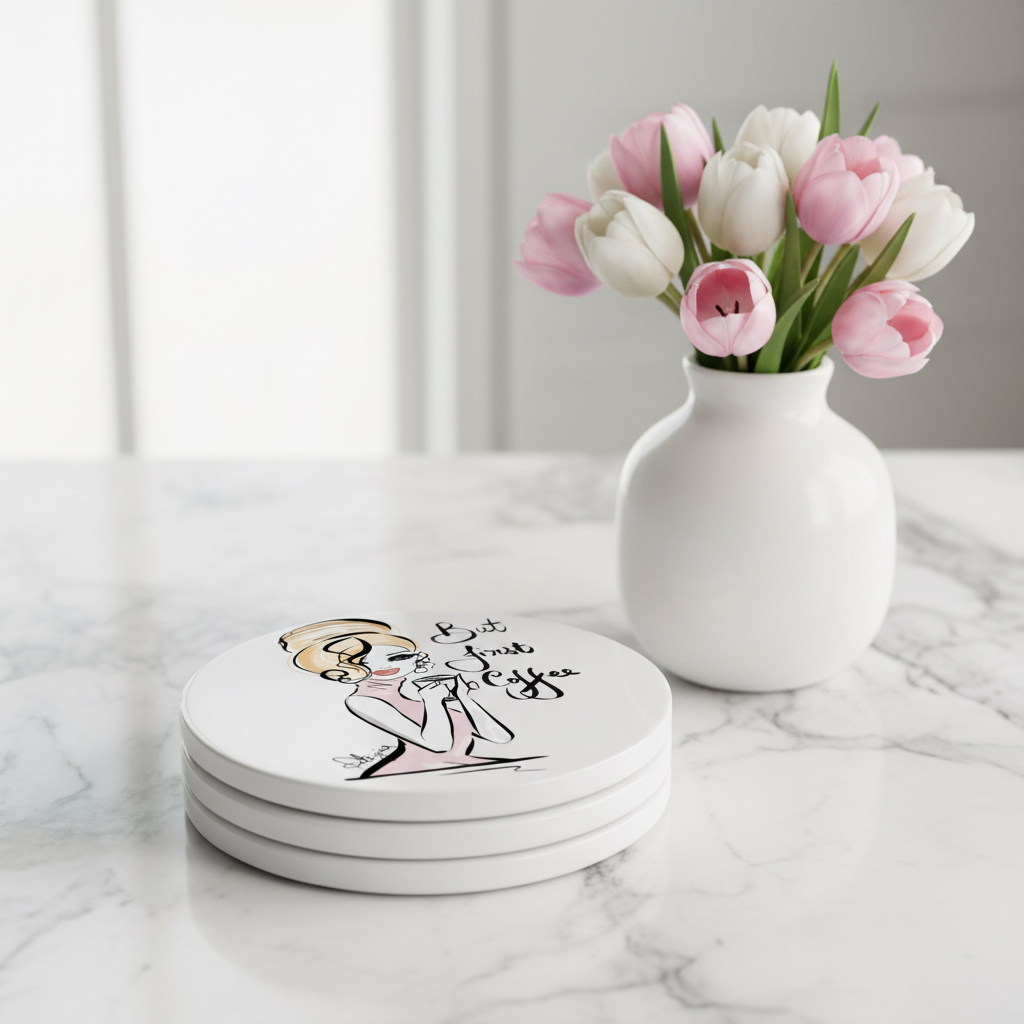 But First Coffee Blush Pink Coasters Stacked Mockup