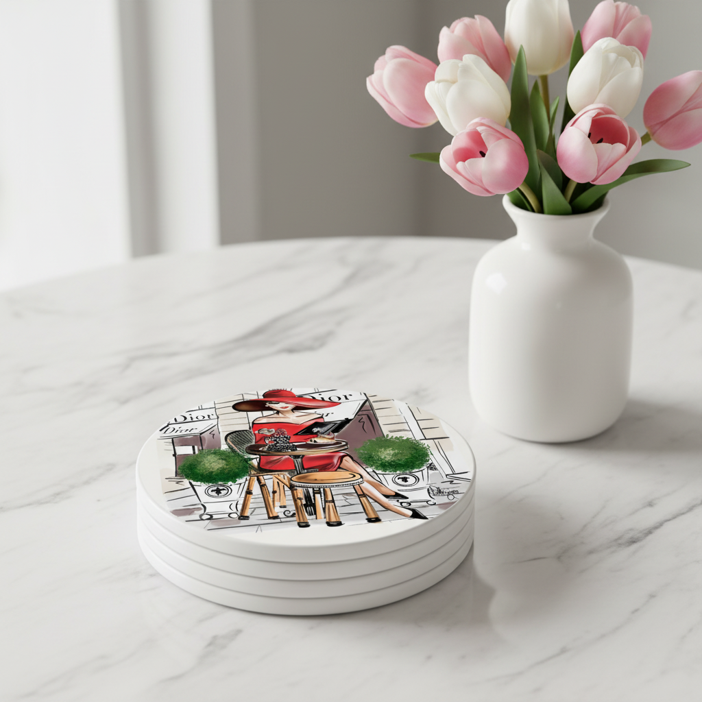 Dior Red Hat Coasters Stacked Mockup