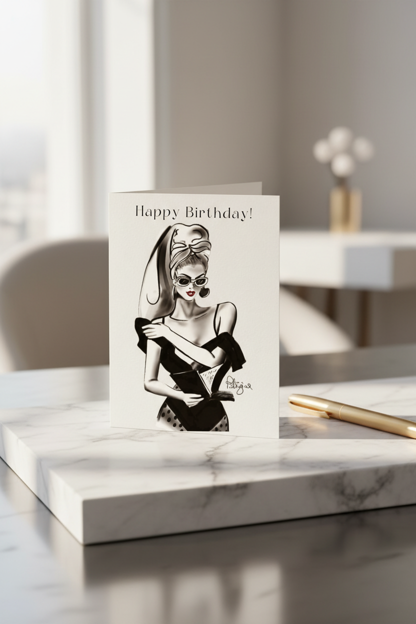 Happy Birthday Bow Headscarf Card - Marble Desk Mock-up
