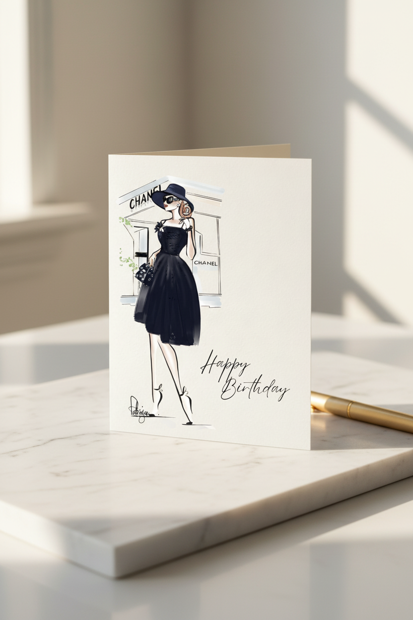 Happy Birthday Chanel Card - Marble Desk Mock-up