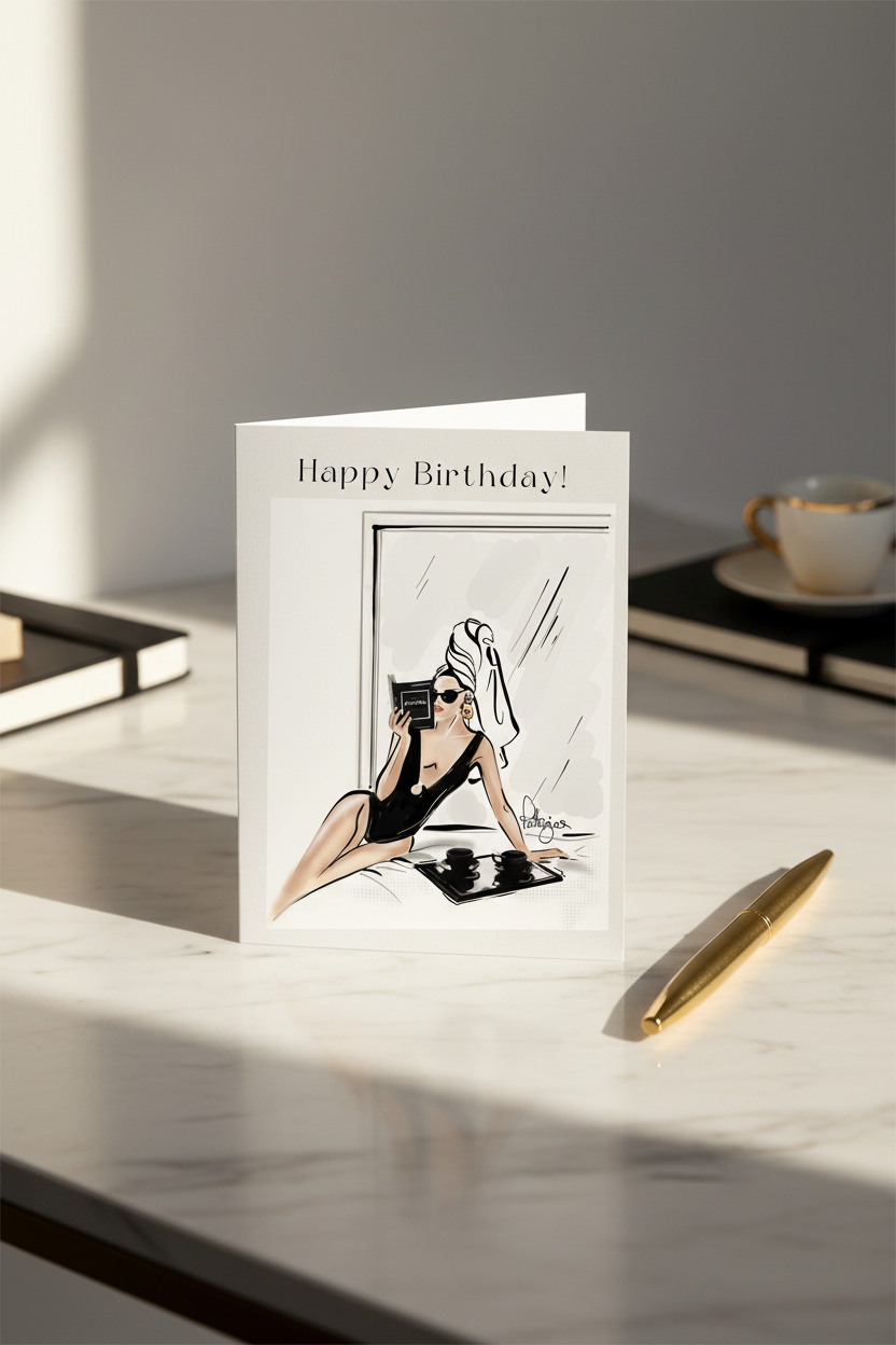 Happy Birthday Chanel Lounging Card - Marble Desk Mock-up