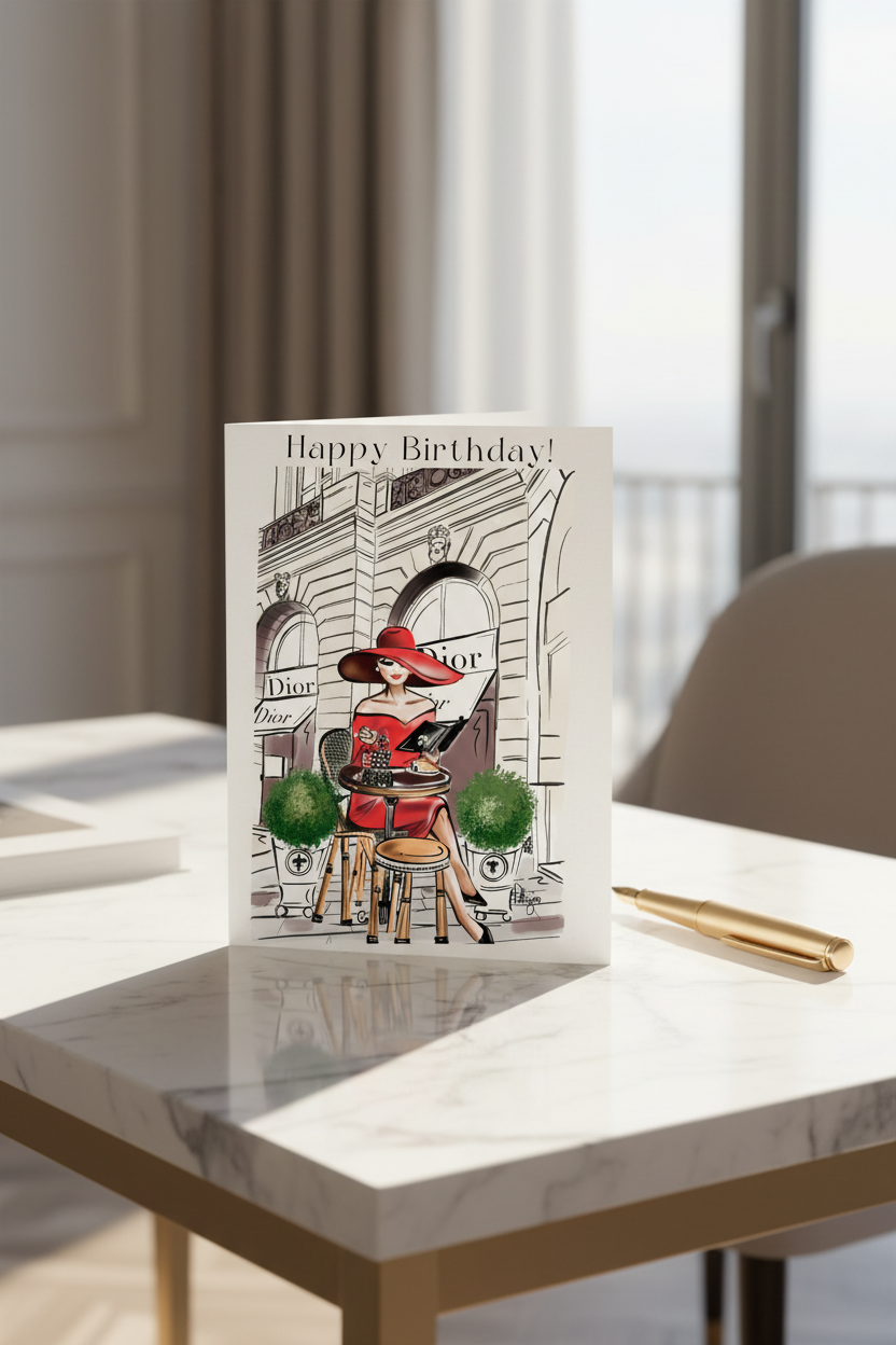 Happy Birthday Dior Card - Marble Desk Mock-up