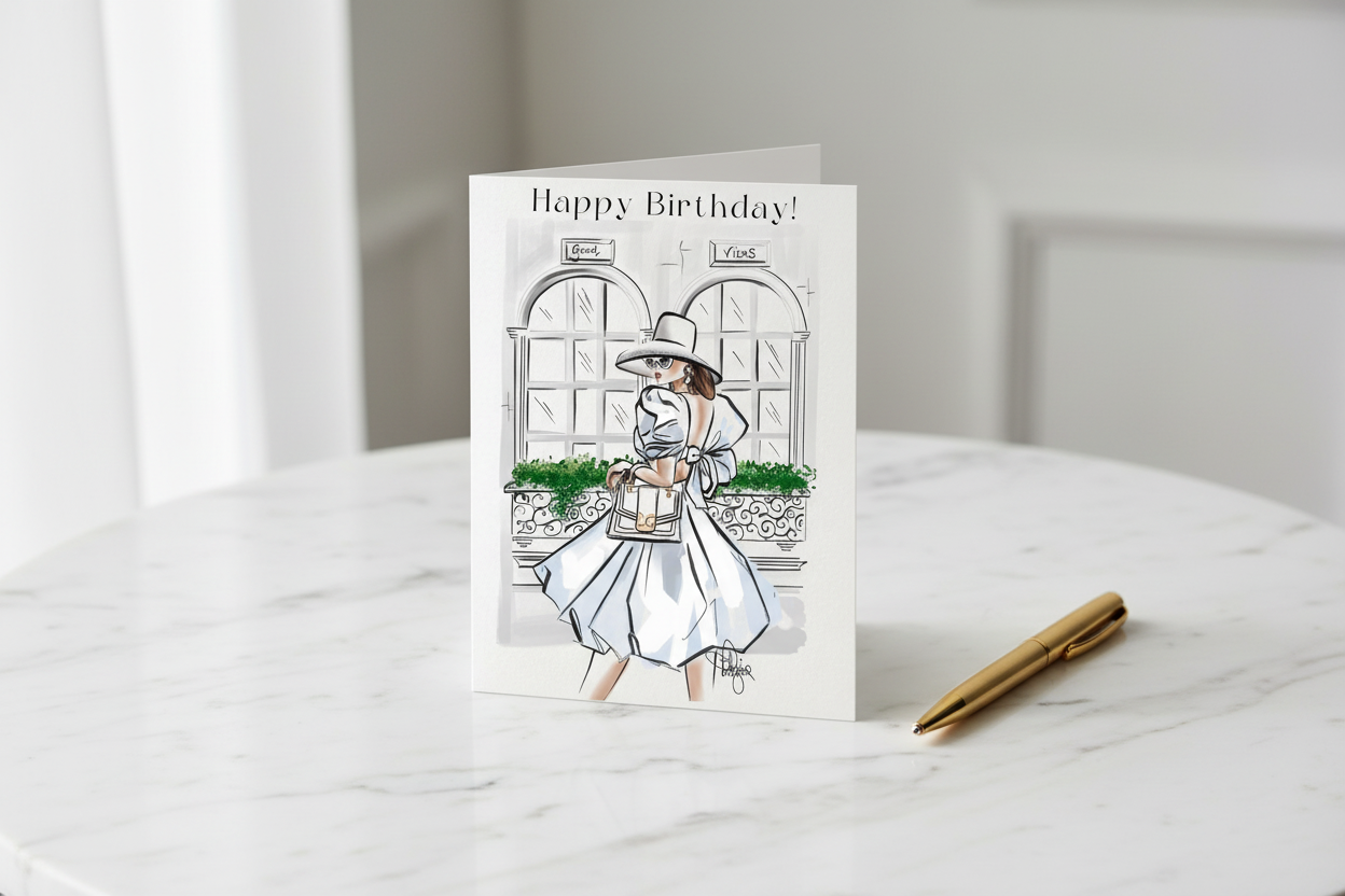 Happy Birthday Good Vibes Card - Marble Desk Mockup