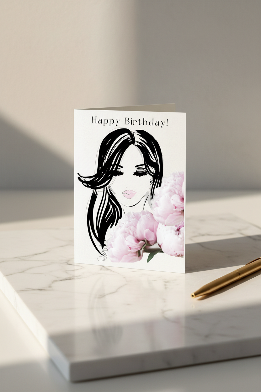 Happy Birthday Pink Peonies Card - Marble Desk Mock-up