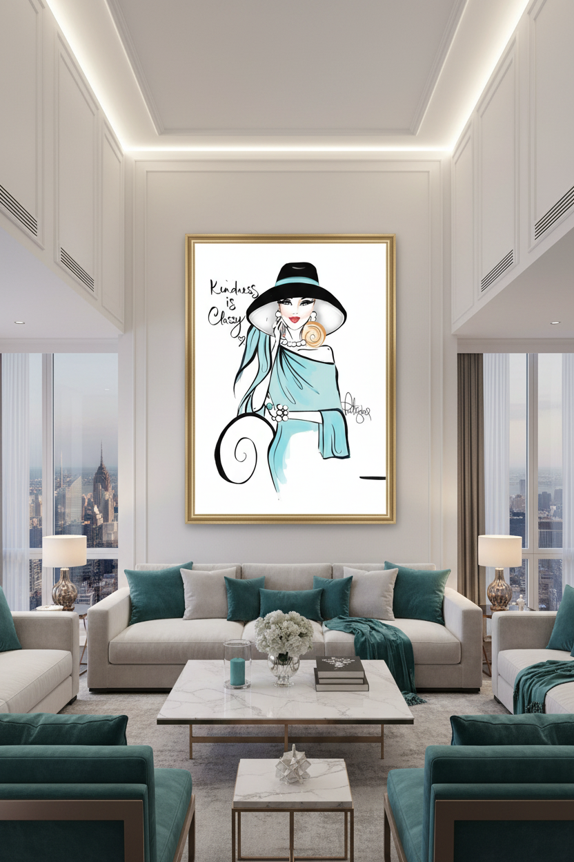 Kindness is Classy Art Print in Teal Penthouse Living Room