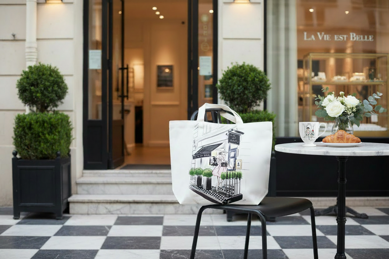 La Vie Est Belle Tote - Good Vibes Mug turned with croissant