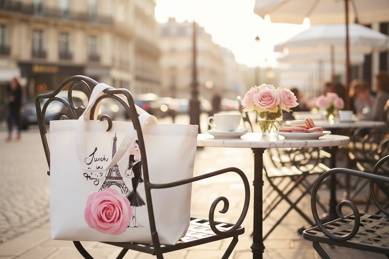 Lunch in Paris Tote - straps hanging on chair