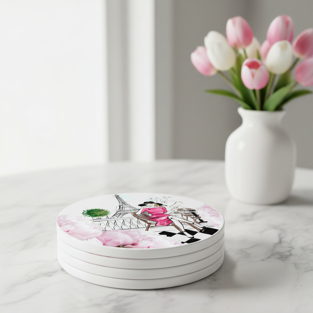 Paris Peonies Eiffel Tower Coasters Stacked Mockup
