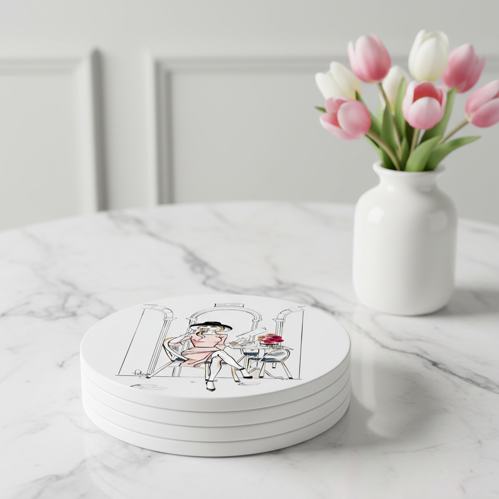 Parisian Cafe Pink Dress Coasters Stacked Mockup